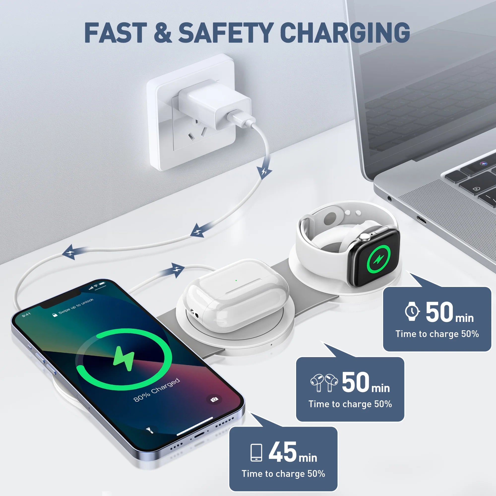 3-in-1 Wireless Charging Station for iPhone Devices - 15W Fast Charger Stand for iPhone 16/15/14/13/12 Pro Max, Compatible with AirPods 3/2/Pro and Apple Watch Series 9/8/7/6/SE/5/4