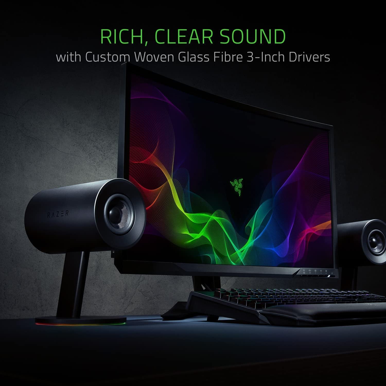 Nommo Chroma 2.0 PC Gaming Speakers with Custom Woven 3" Glass Fiber Drivers, Rear-Facing Bass Ports, Bass Knob with Automatic Gain Control, and Chroma Lighting - Black