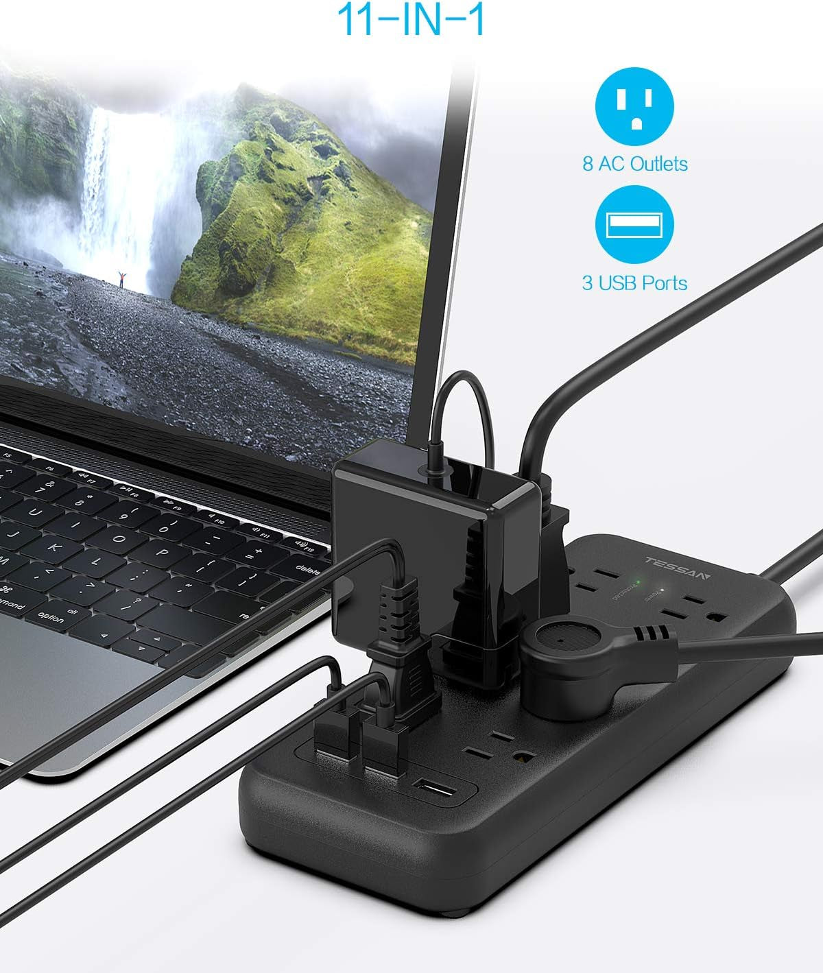 Surge Protector Power Strip with 8 Outlets and 3 USB Ports, 5ft Flat Plug Extension Cord, 1875W/15A, 1700 Joules, Wall Mountable for Home, Office, School, and Dorm Room, Black