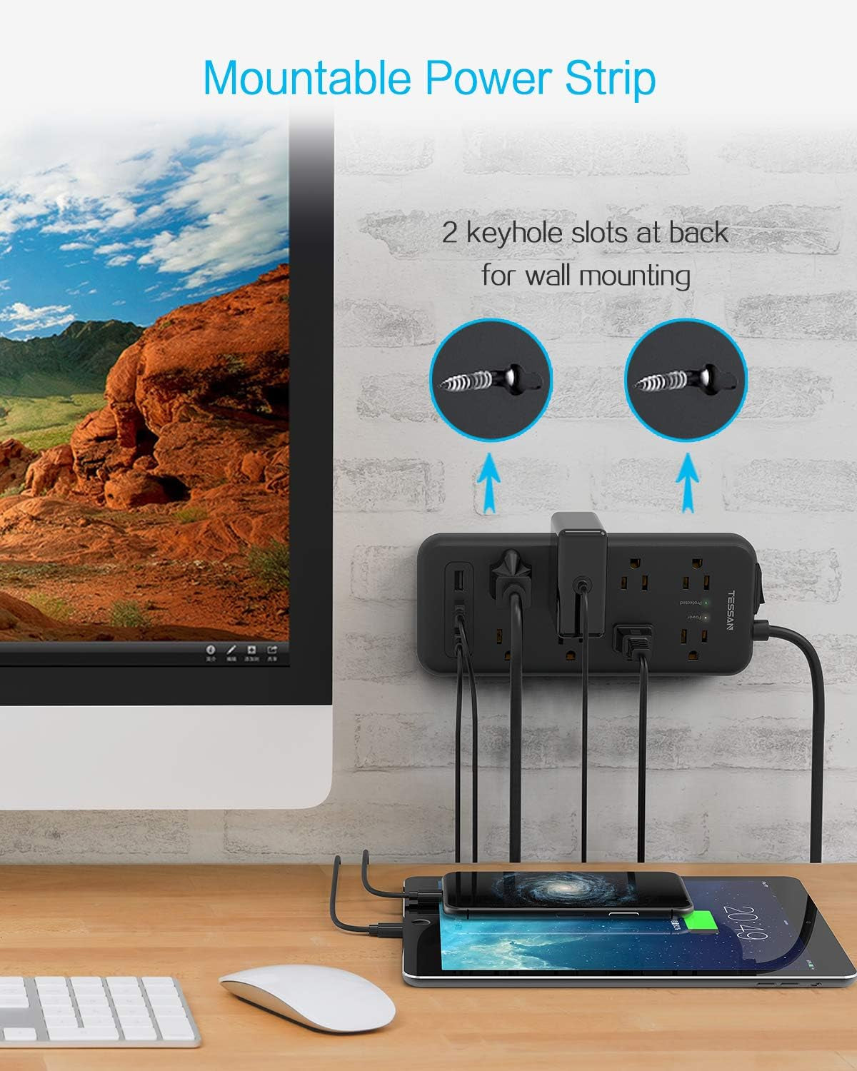 Surge Protector Power Strip with 8 Outlets and 3 USB Ports, 5ft Flat Plug Extension Cord, 1875W/15A, 1700 Joules, Wall Mountable for Home, Office, School, and Dorm Room, Black