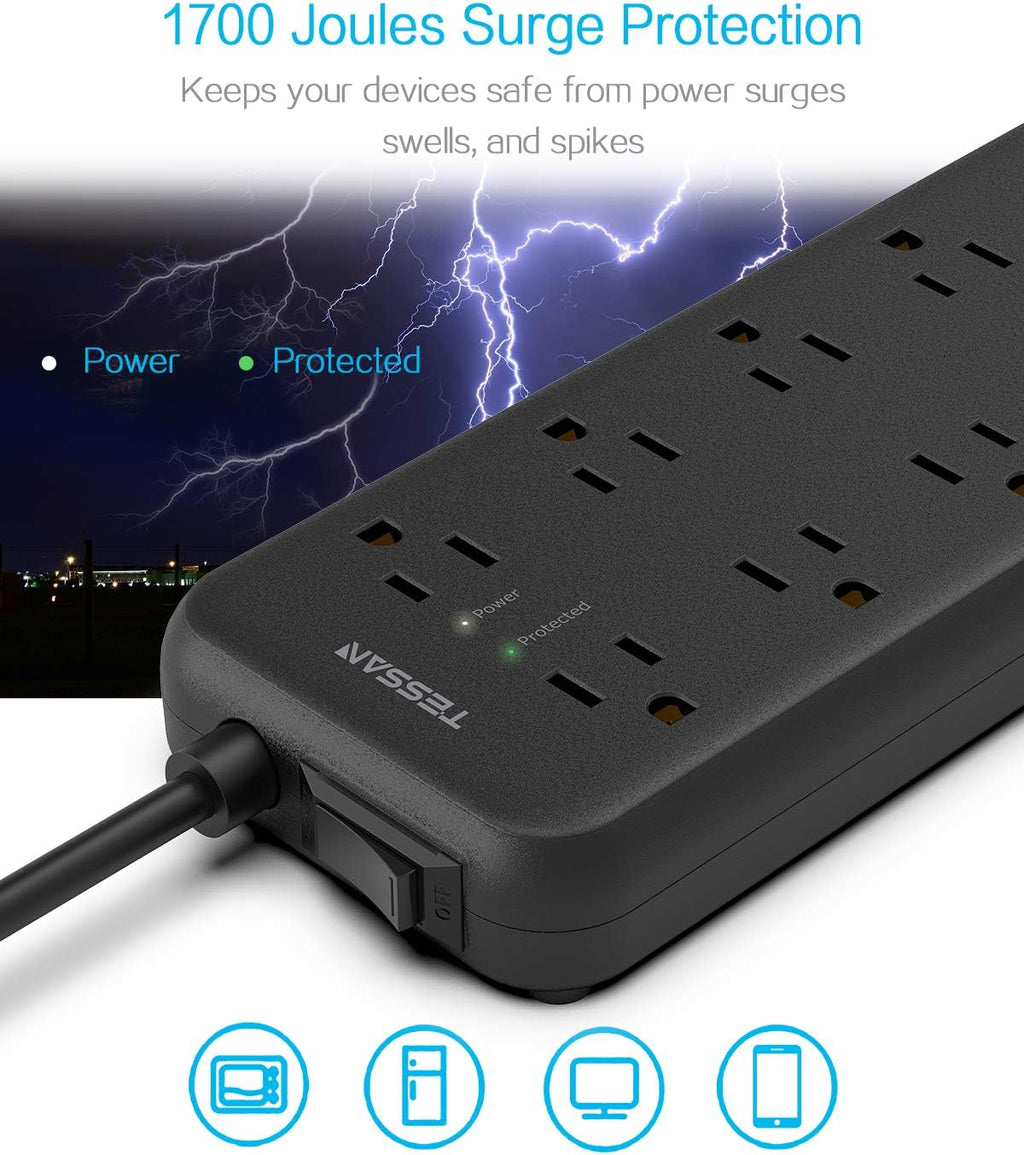 Surge Protector Power Strip with 8 Outlets and 3 USB Ports, 5ft Flat Plug Extension Cord, 1875W/15A, 1700 Joules, Wall Mountable for Home, Office, School, and Dorm Room, Black