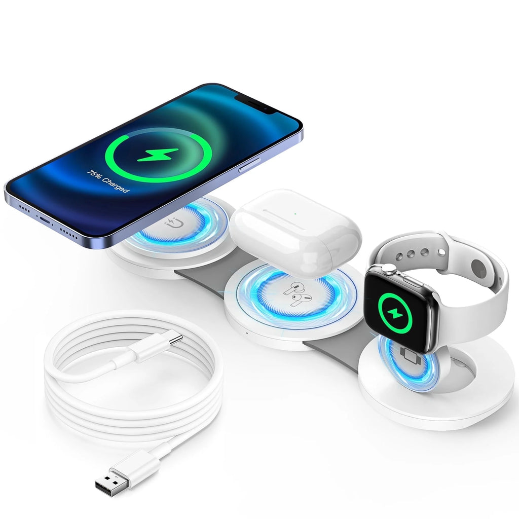 3-in-1 Wireless Charging Station for iPhone Devices - 15W Fast Charger Stand for iPhone 16/15/14/13/12 Pro Max, Compatible with AirPods 3/2/Pro and Apple Watch Series 9/8/7/6/SE/5/4
