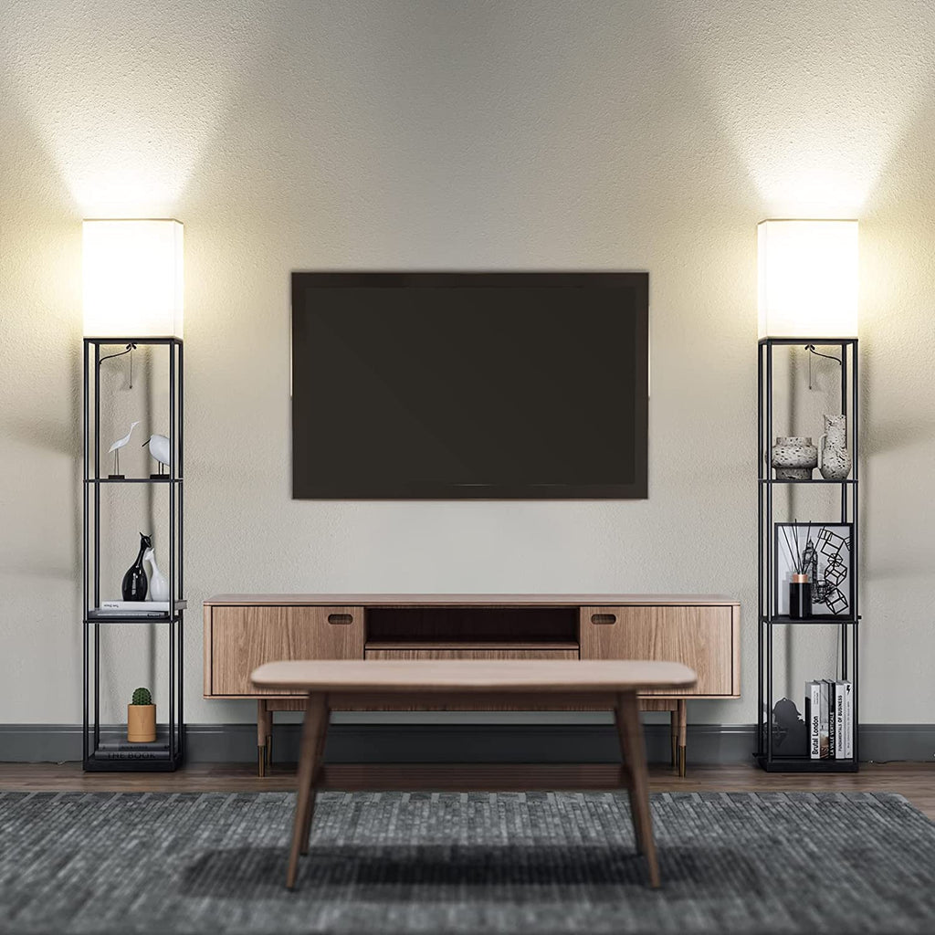 Floor Lamp with Shelves, Modern Square Standing Lamp with 3 Color Temperature Bulb, Corner Display Bookshelf Lamp for Living Room and Bedroom(Black)