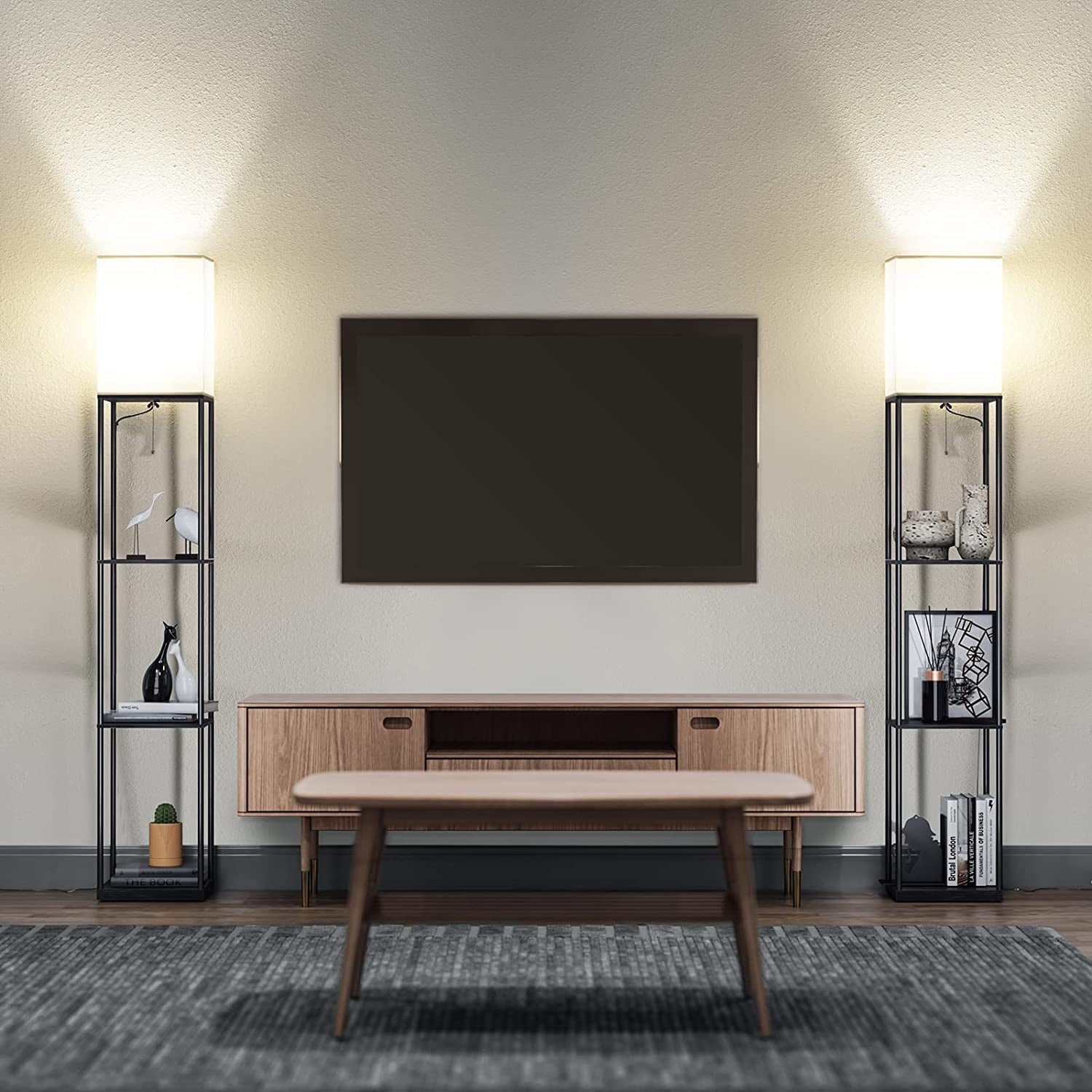 Floor Lamp with Shelves, Modern Square Standing Lamp with 3 Color Temperature Bulb, Corner Display Bookshelf Lamp for Living Room and Bedroom(Black)
