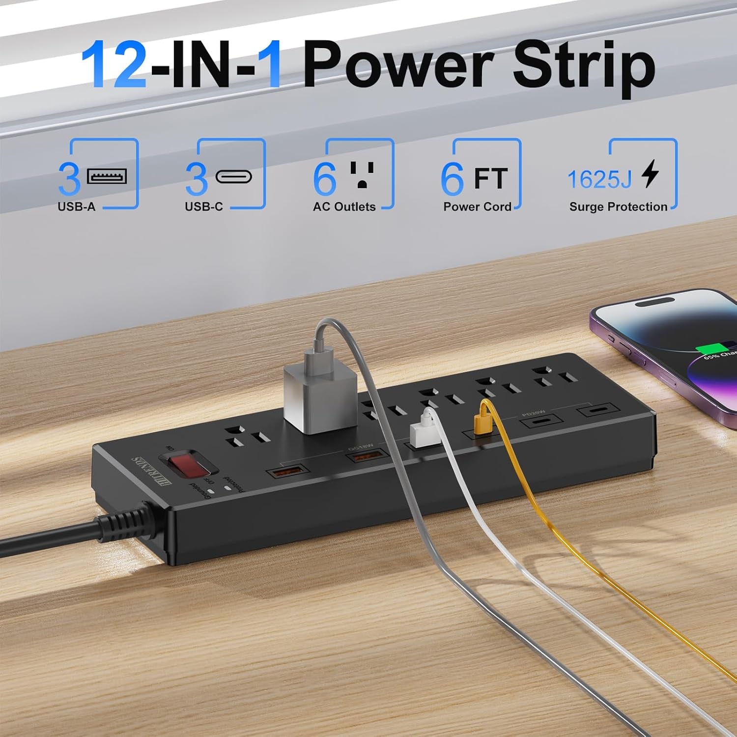 Surge Protector Power Strip with 6 AC Outlets and 6 USB Ports (3 USB-C & 3 USB-A), 20W PD Fast Charging, 6 Ft Flat Plug Extension Cord, 1625W/13A, Ideal for Home Office Use