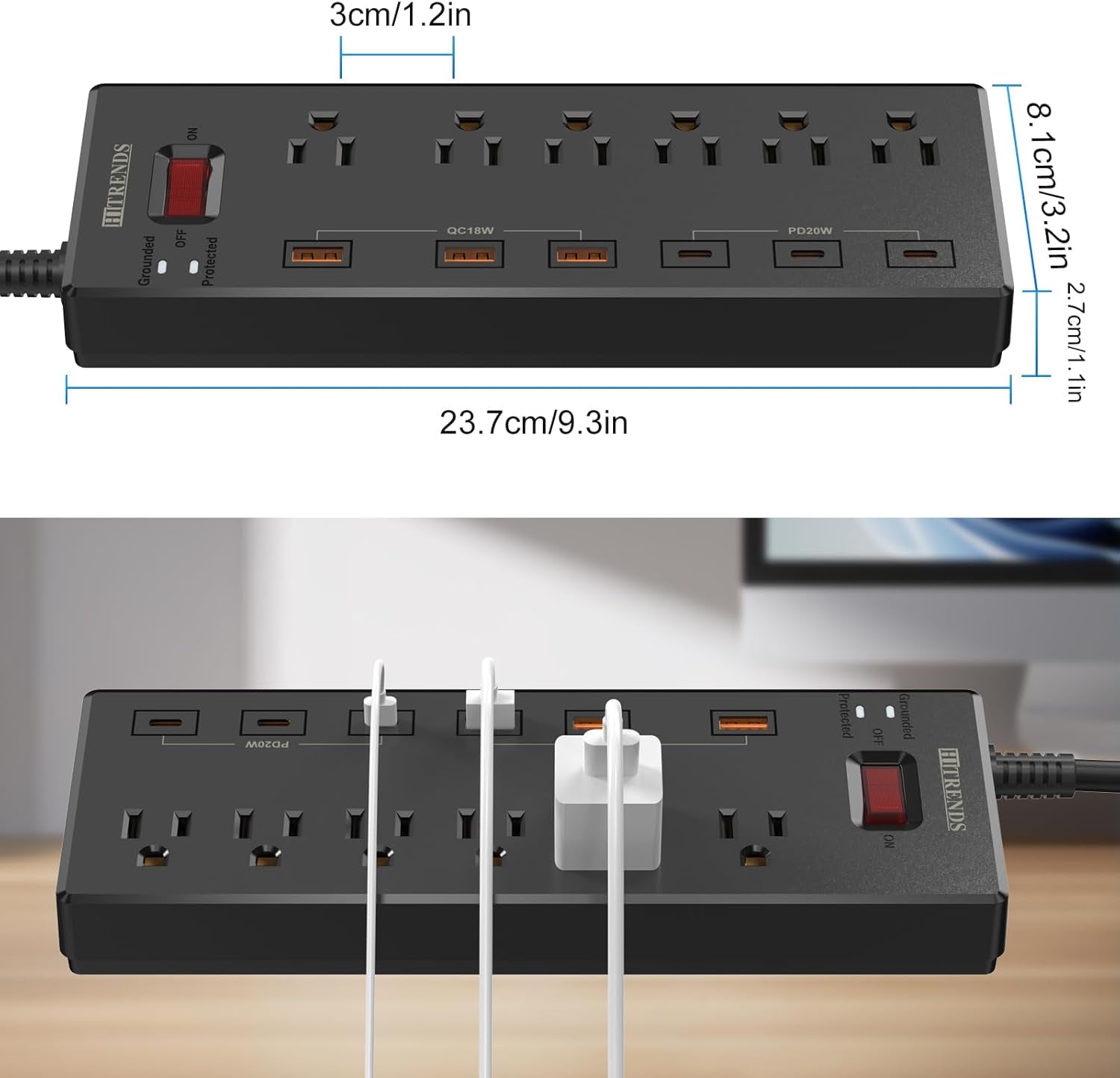 Surge Protector Power Strip with 6 AC Outlets and 6 USB Ports (3 USB-C & 3 USB-A), 20W PD Fast Charging, 6 Ft Flat Plug Extension Cord, 1625W/13A, Ideal for Home Office Use