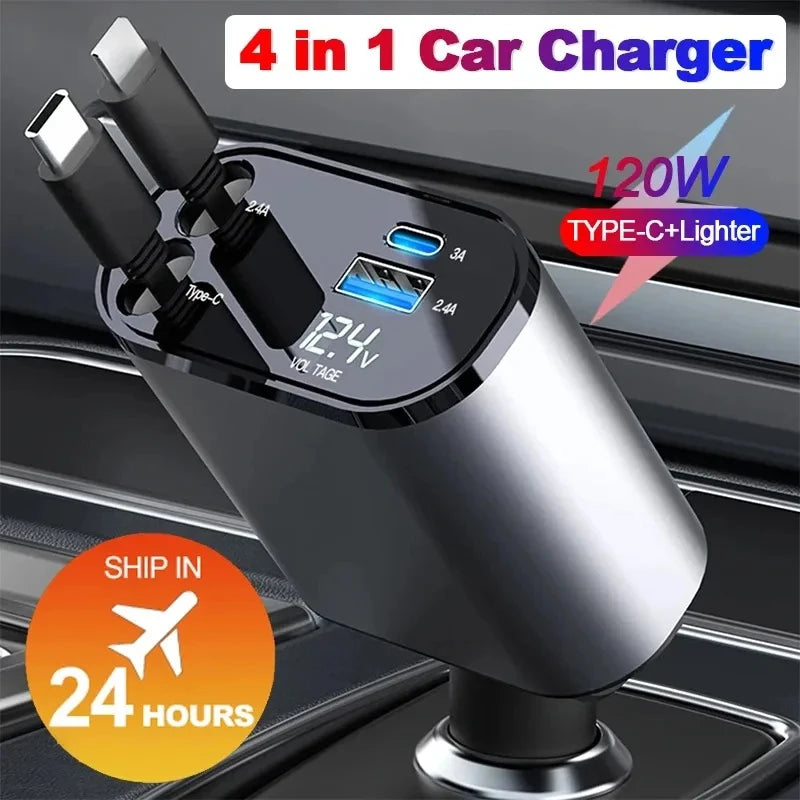 Retractable 4-in-1 Fast Car Charger with 16 Ports and 120W USB Type-C Cable Set