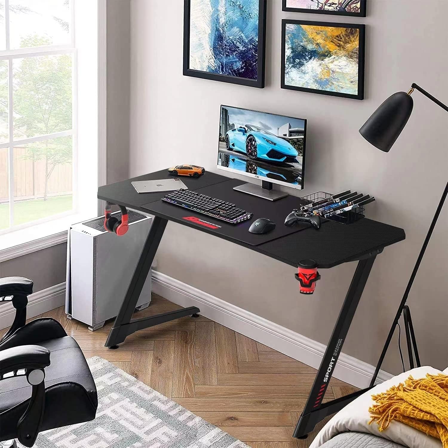55-Inch Ergonomic Gaming Desk with Z-Shaped Design, Integrated Mouse Pad, Gaming Handle Rack, Cup Holder, and Headphone Hook