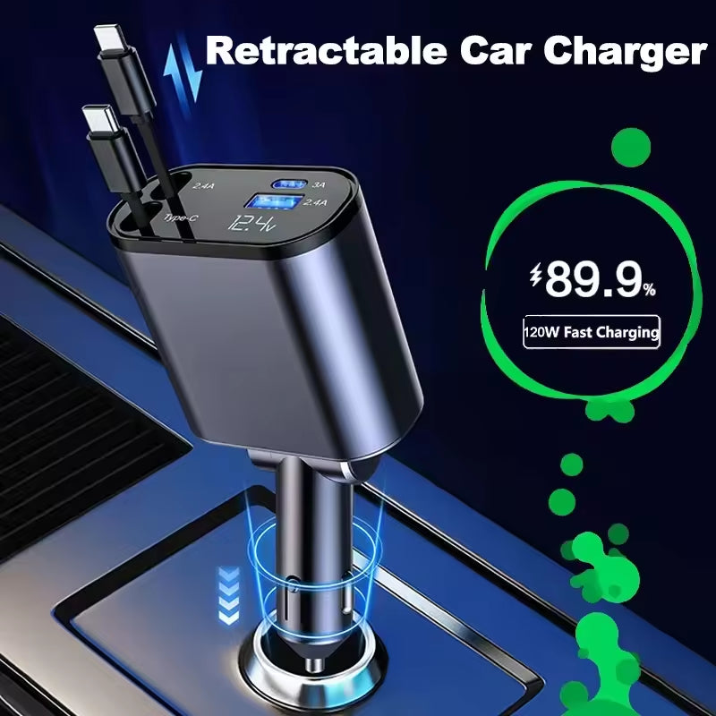 Retractable 4-in-1 Fast Car Charger with 16 Ports and 120W USB Type-C Cable Set
