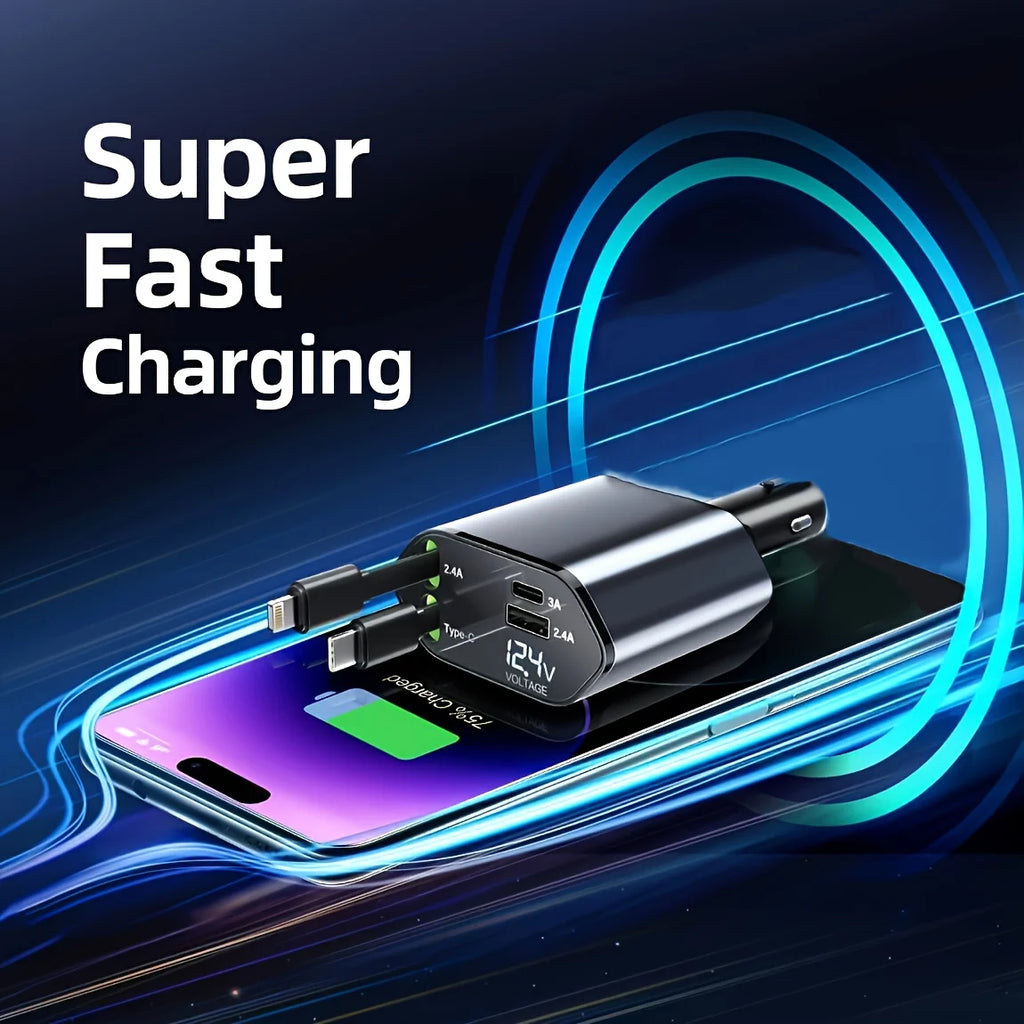 Retractable 4-in-1 Fast Car Charger with 16 Ports and 120W USB Type-C Cable Set