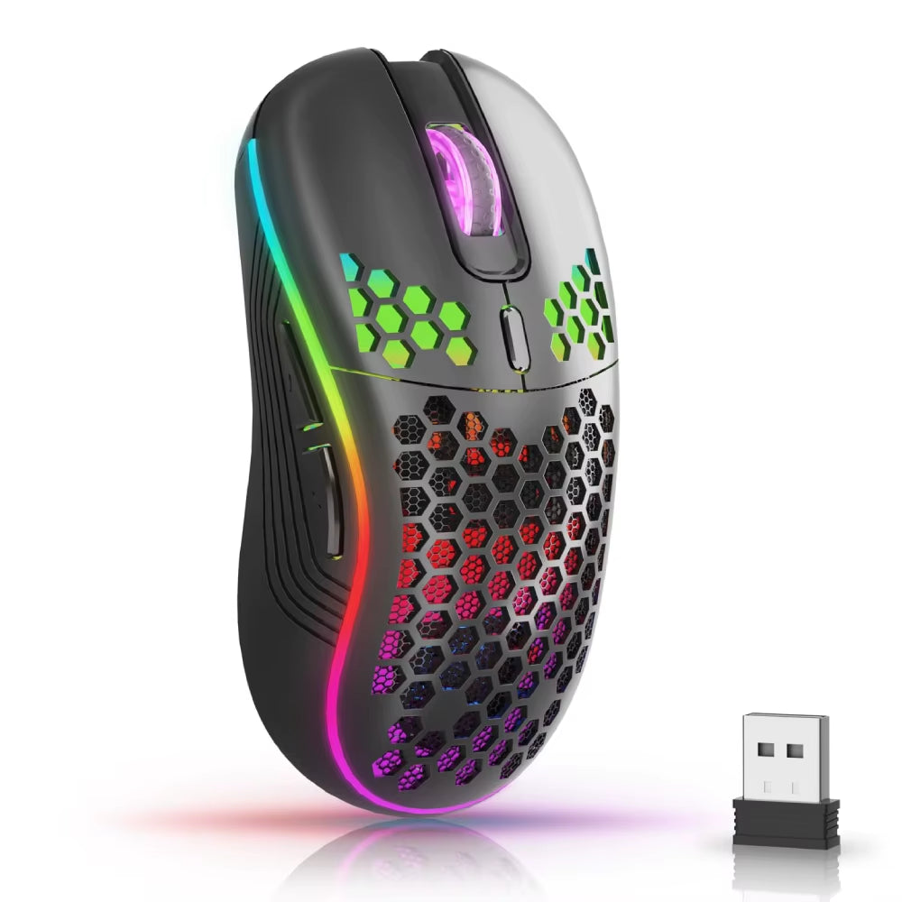 Experience Unmatched Precision with Our 2.4G Wireless RGB Backlit Gaming Mouse - Ergonomic Honeycomb Design, 6 Buttons, and Rechargeable Convenience!