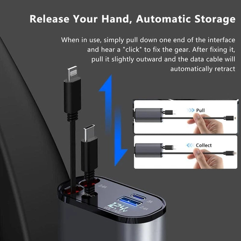 Retractable 4-in-1 Fast Car Charger with 16 Ports and 120W USB Type-C Cable Set