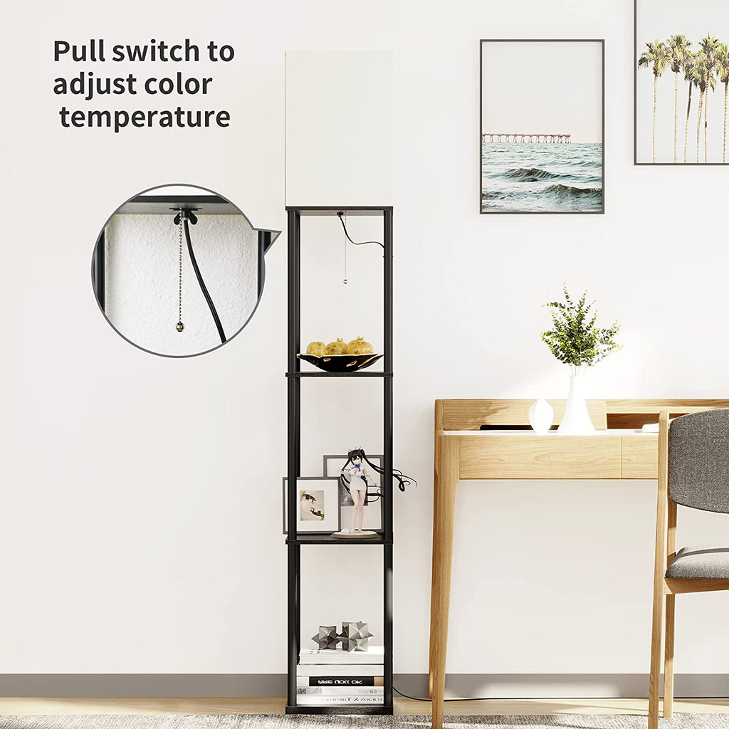 Floor Lamp with Shelves, Modern Square Standing Lamp with 3 Color Temperature Bulb, Corner Display Bookshelf Lamp for Living Room and Bedroom(Black)