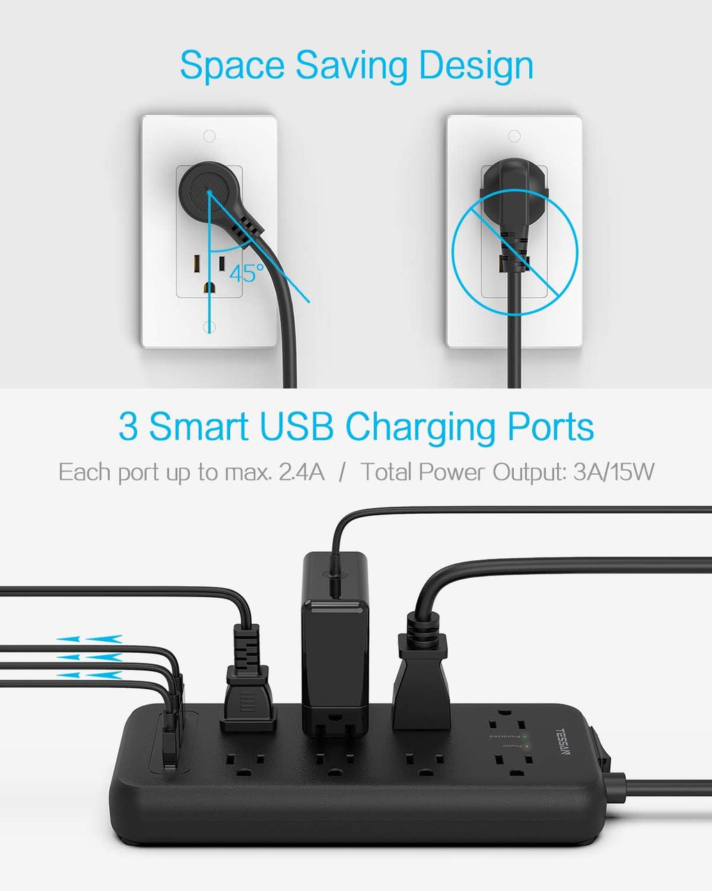 Surge Protector Power Strip with 8 Outlets and 3 USB Ports, 5ft Flat Plug Extension Cord, 1875W/15A, 1700 Joules, Wall Mountable for Home, Office, School, and Dorm Room, Black