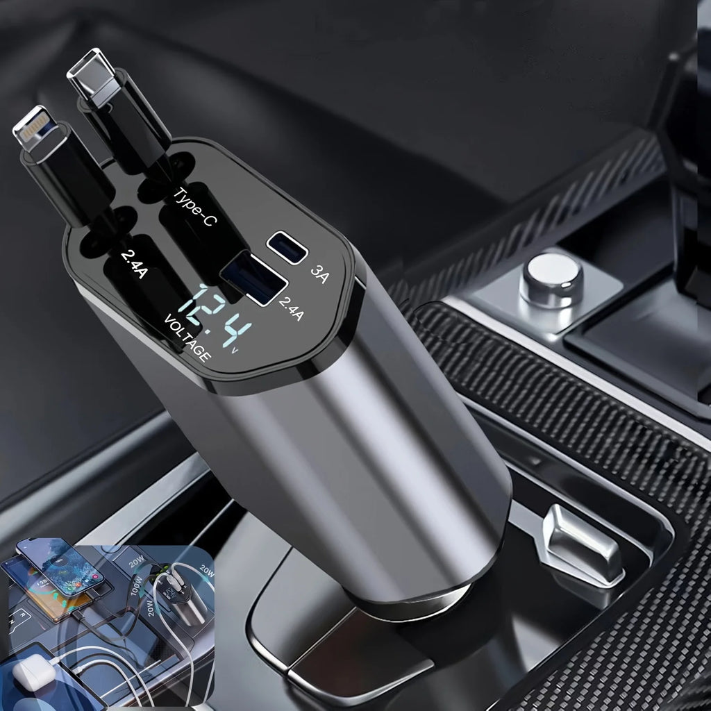 Retractable 4-in-1 Fast Car Charger with 16 Ports and 120W USB Type-C Cable Set