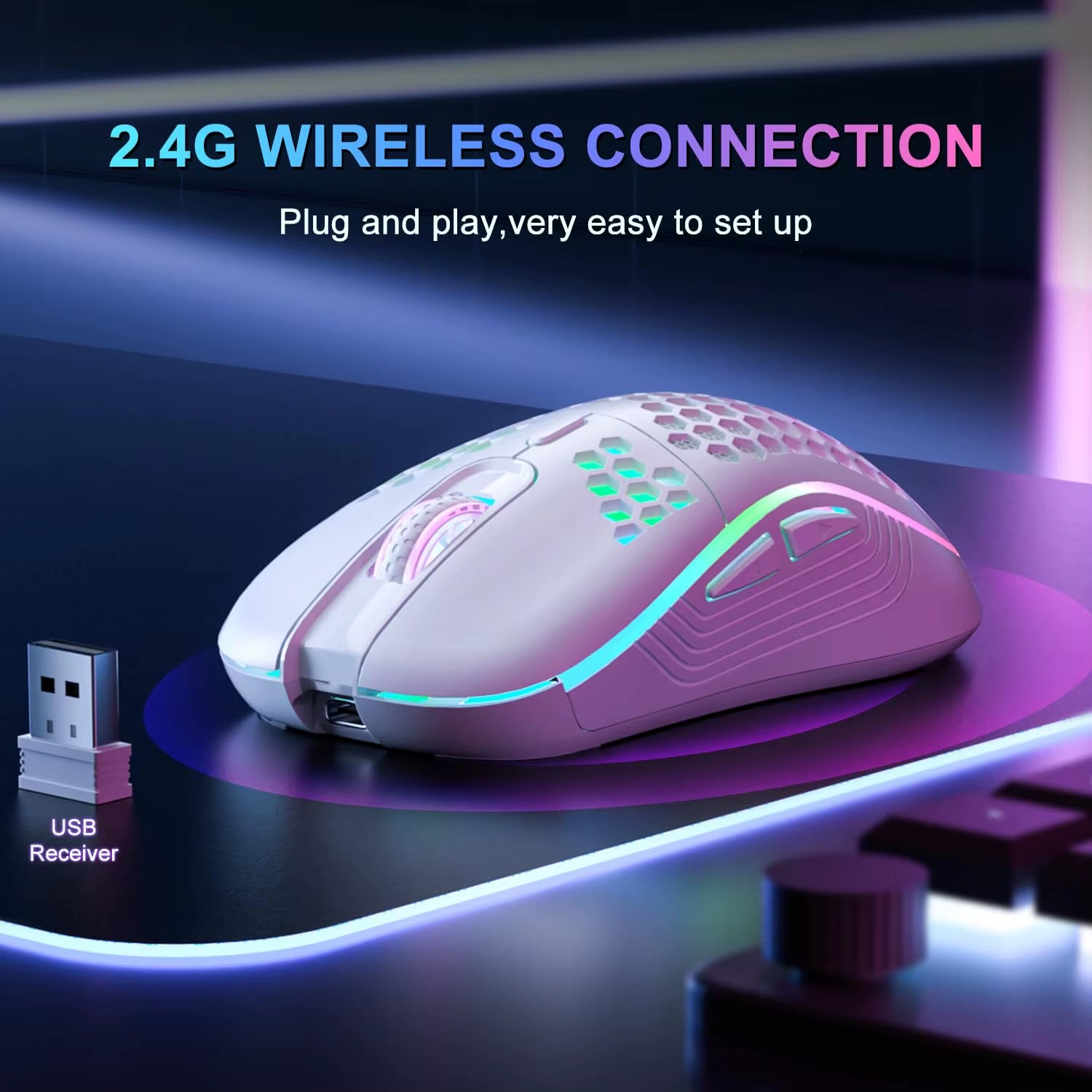 Experience Unmatched Precision with Our 2.4G Wireless RGB Backlit Gaming Mouse - Ergonomic Honeycomb Design, 6 Buttons, and Rechargeable Convenience!