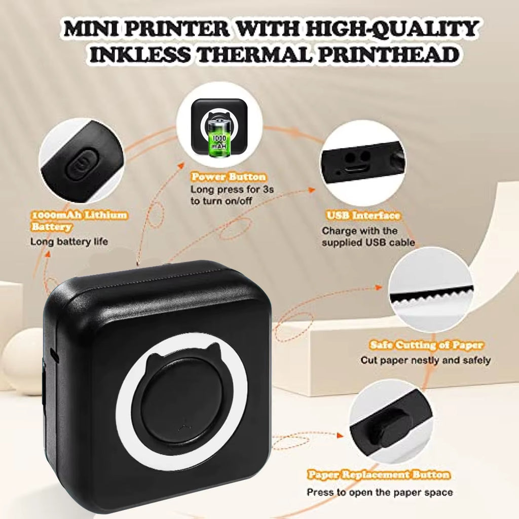 Mini Portable Thermal Photo Printer with Wireless Bluetooth Connectivity - 200 DPI Label Printing