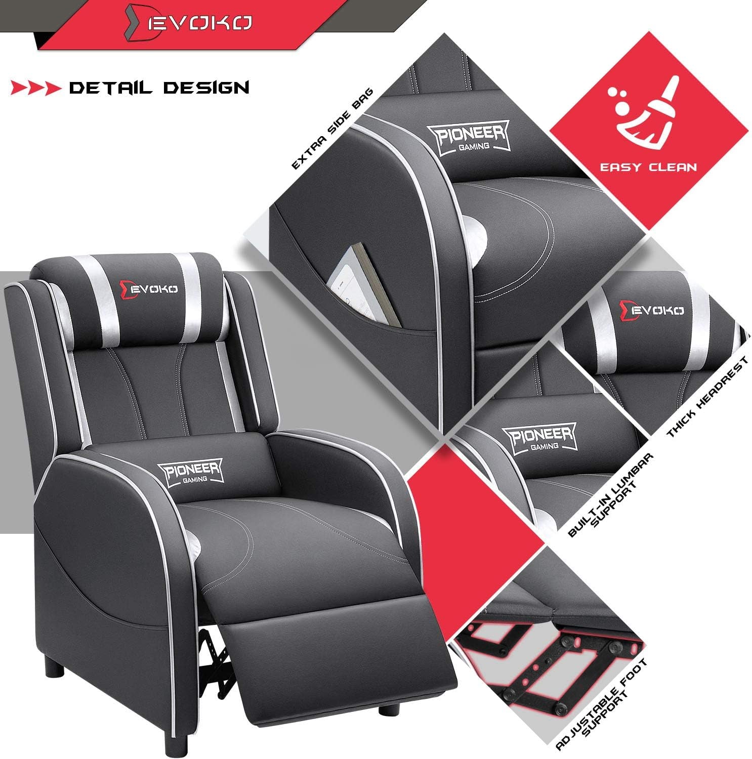 Modern PU Leather Gaming Recliner Chair for Home Theater and Living Room Seating (Silver)