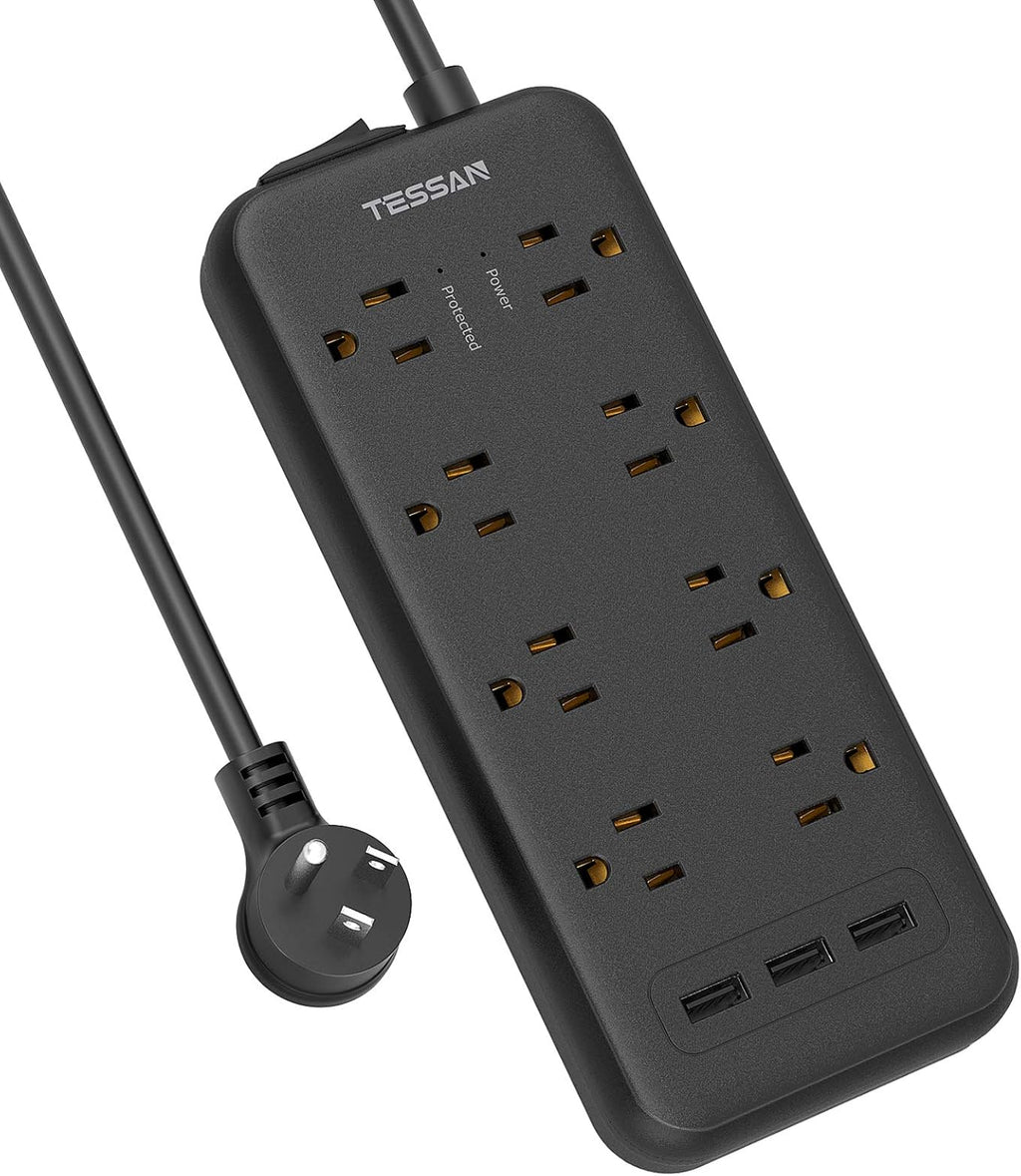 Surge Protector Power Strip with 8 Outlets and 3 USB Ports, 5ft Flat Plug Extension Cord, 1875W/15A, 1700 Joules, Wall Mountable for Home, Office, School, and Dorm Room, Black
