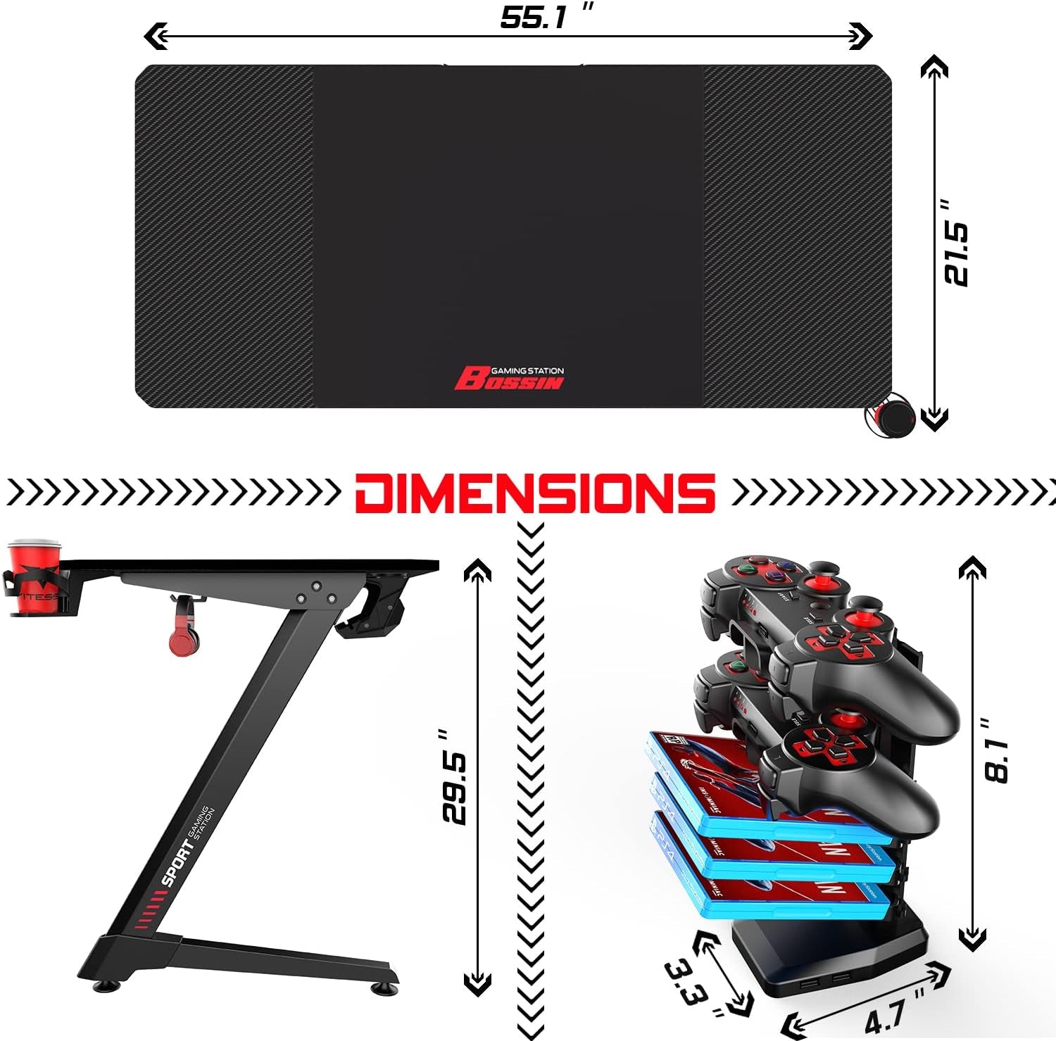 55-Inch Ergonomic Gaming Desk with Z-Shaped Design, Integrated Mouse Pad, Gaming Handle Rack, Cup Holder, and Headphone Hook