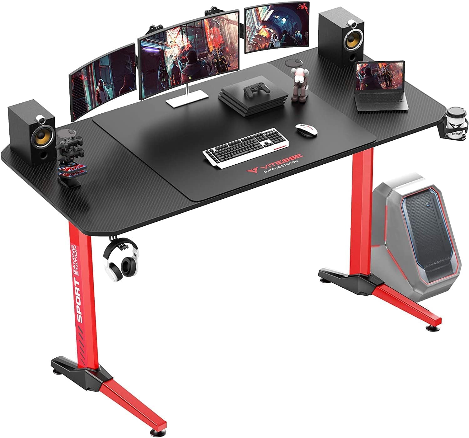 Ergonomic 63-Inch Gaming Desk with Integrated Mouse Pad, Gaming Handle Rack, Cup Holder, and Headphone Hook