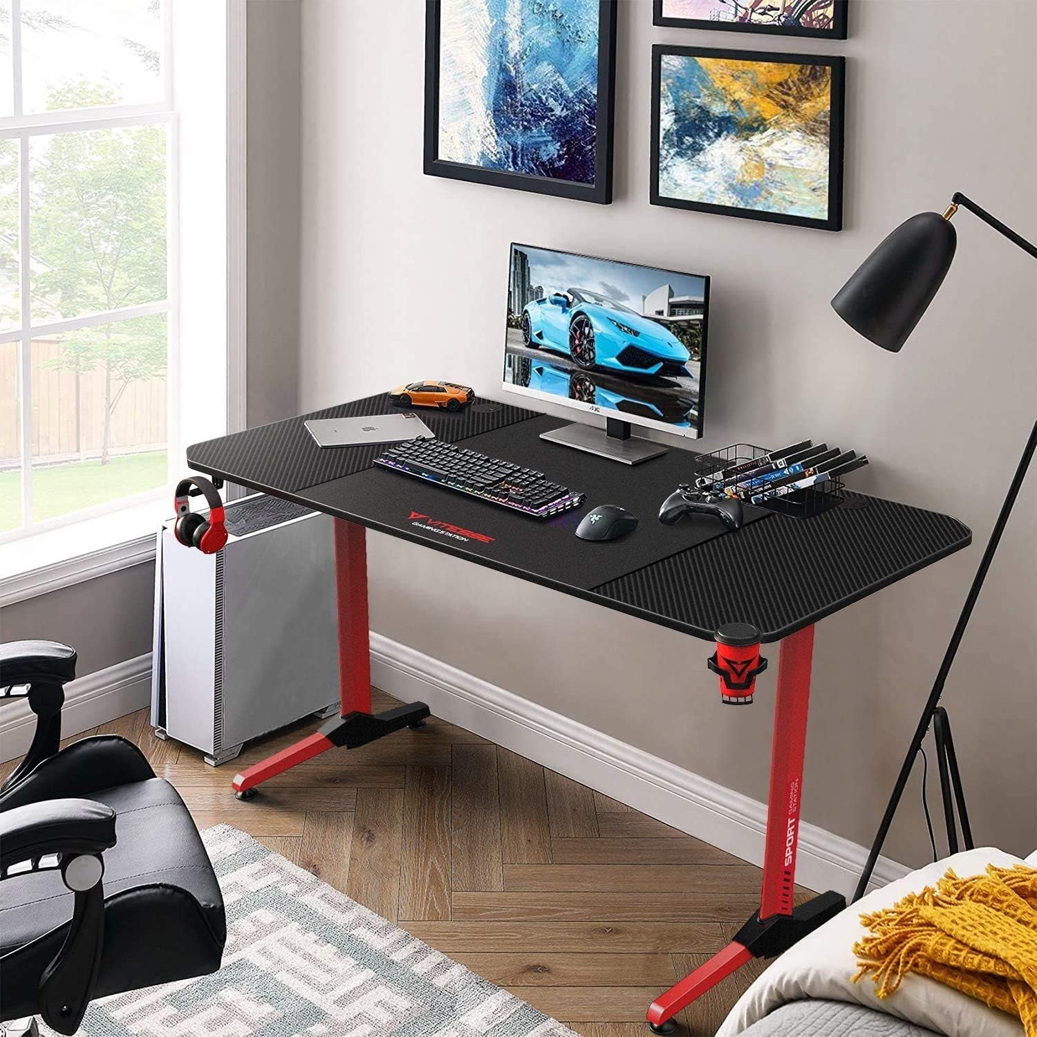 Ergonomic 63-Inch Gaming Desk with Integrated Mouse Pad, Gaming Handle Rack, Cup Holder, and Headphone Hook