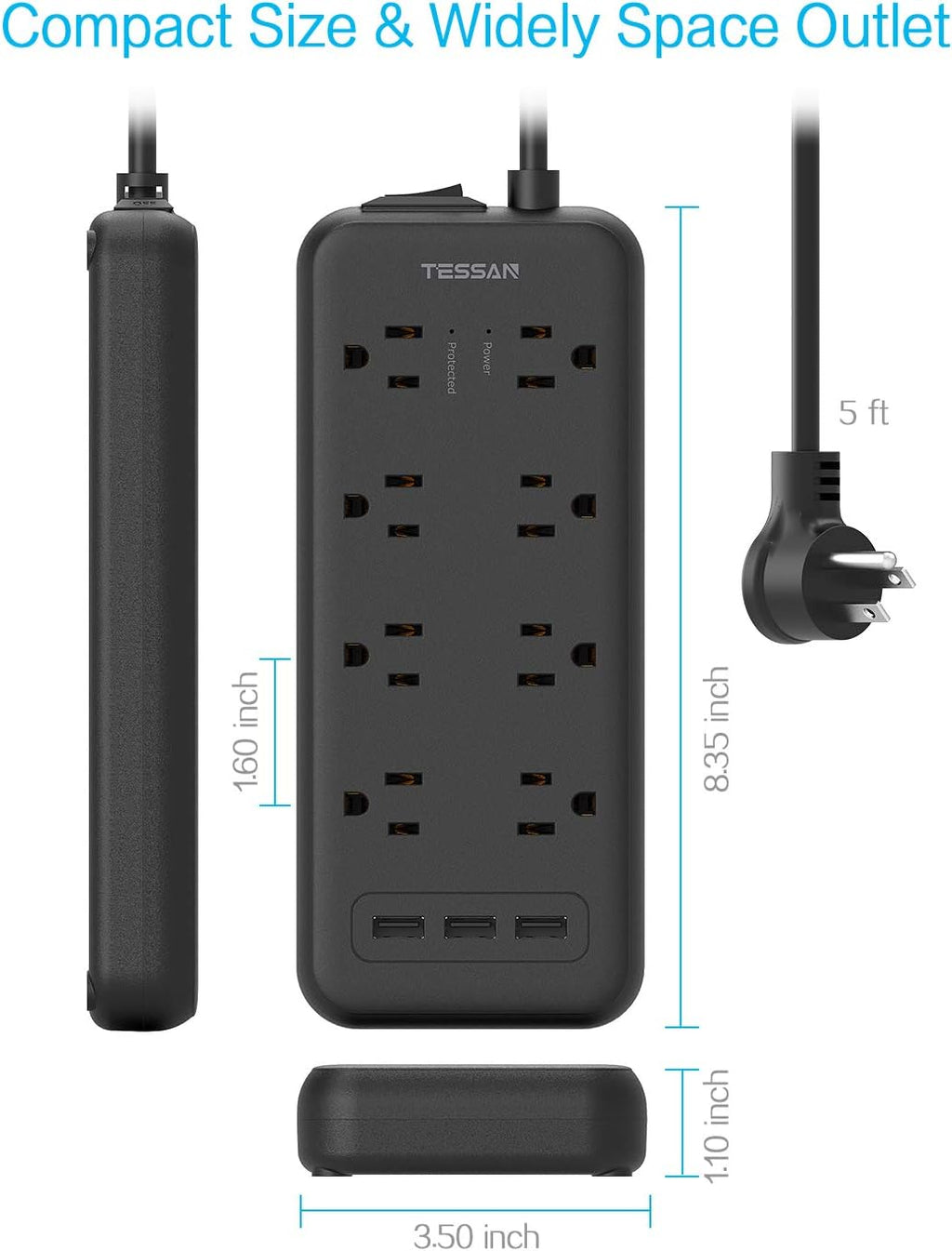 Surge Protector Power Strip with 8 Outlets and 3 USB Ports, 5ft Flat Plug Extension Cord, 1875W/15A, 1700 Joules, Wall Mountable for Home, Office, School, and Dorm Room, Black