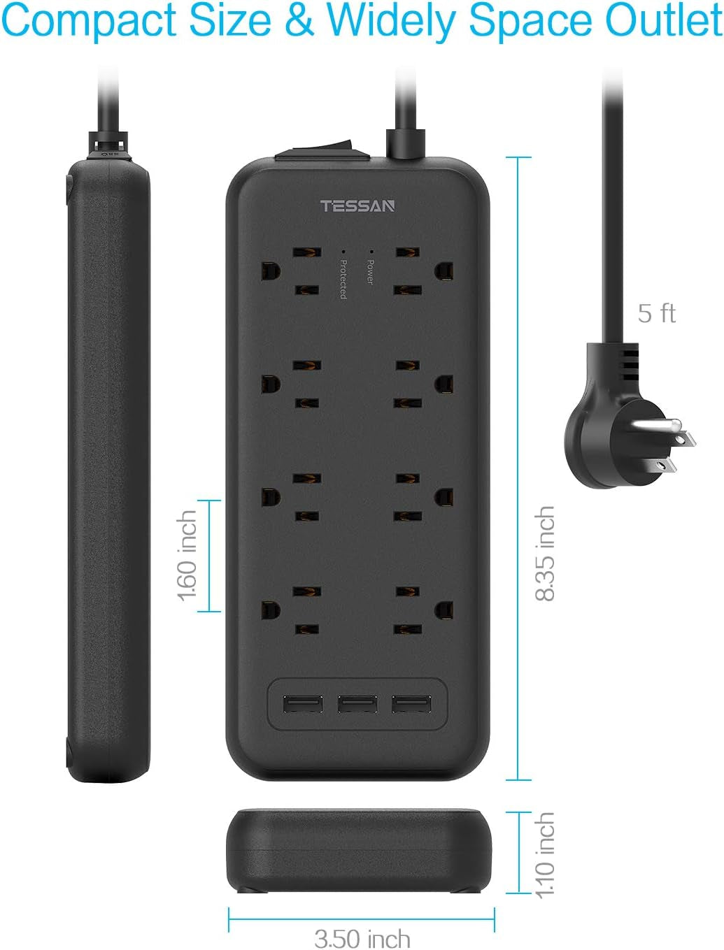 Surge Protector Power Strip with 8 Outlets and 3 USB Ports, 5ft Flat Plug Extension Cord, 1875W/15A, 1700 Joules, Wall Mountable for Home, Office, School, and Dorm Room, Black