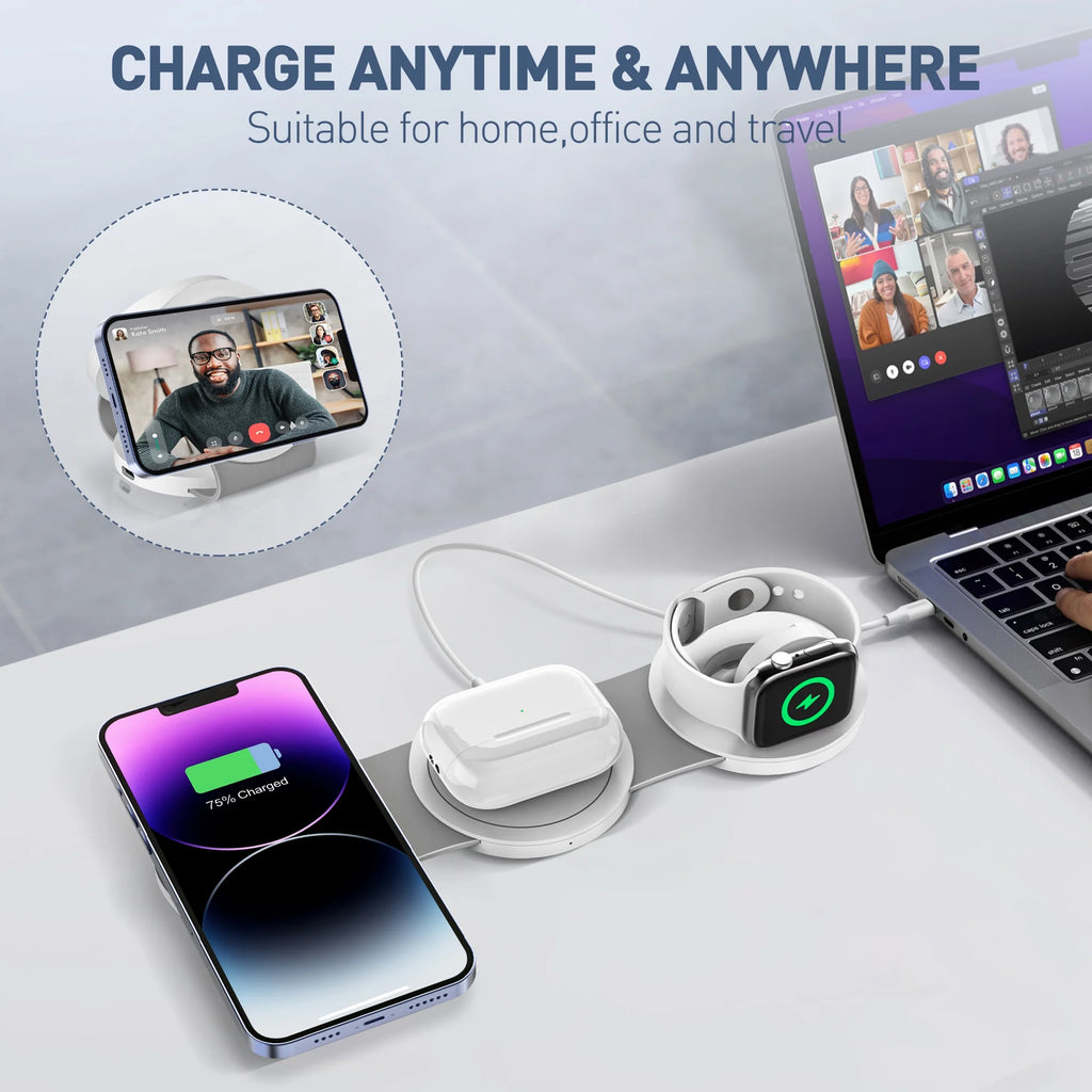 3-in-1 Wireless Charging Station for iPhone Devices - 15W Fast Charger Stand for iPhone 16/15/14/13/12 Pro Max, Compatible with AirPods 3/2/Pro and Apple Watch Series 9/8/7/6/SE/5/4