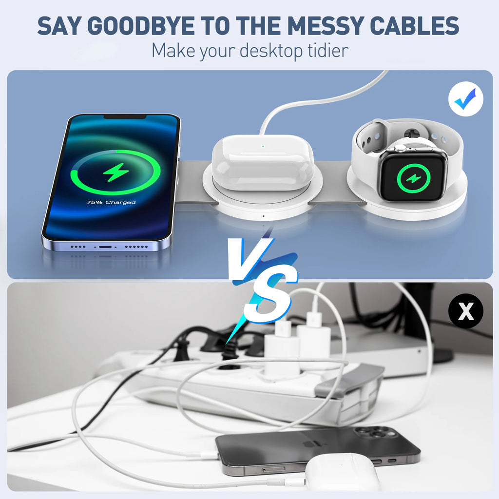 3-in-1 Wireless Charging Station for iPhone Devices - 15W Fast Charger Stand for iPhone 16/15/14/13/12 Pro Max, Compatible with AirPods 3/2/Pro and Apple Watch Series 9/8/7/6/SE/5/4
