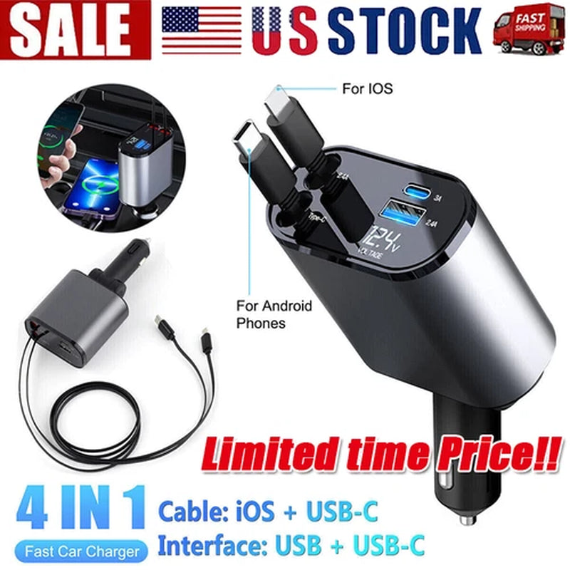 Retractable 4-in-1 Fast Car Charger with 16 Ports and 120W USB Type-C Cable Set
