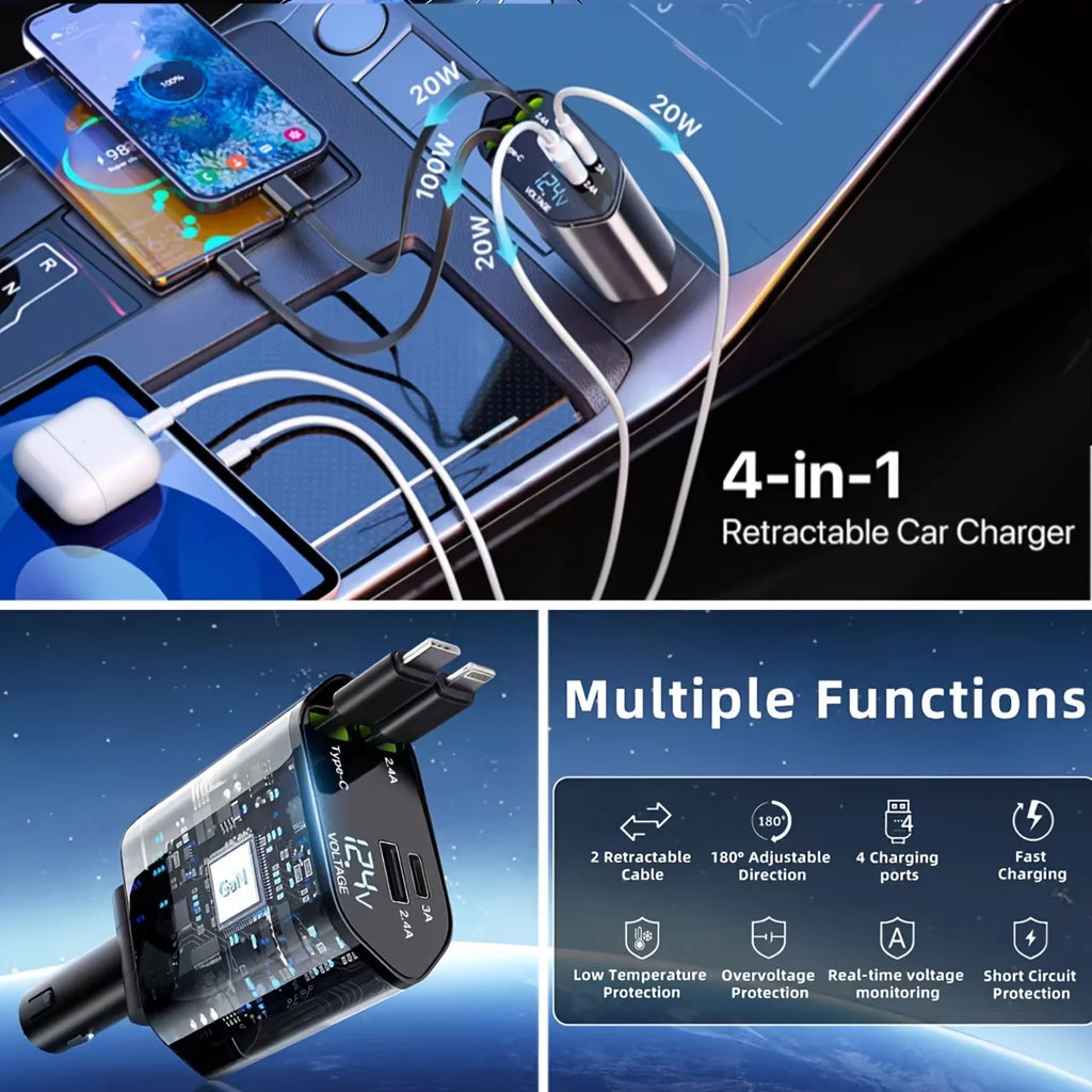 Retractable 4-in-1 Fast Car Charger with 16 Ports and 120W USB Type-C Cable Set