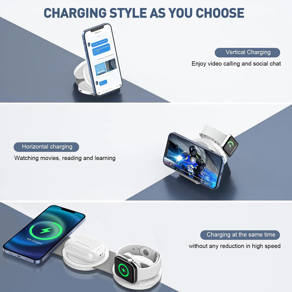 3-in-1 Wireless Charging Station for iPhone Devices - 15W Fast Charger Stand for iPhone 16/15/14/13/12 Pro Max, Compatible with AirPods 3/2/Pro and Apple Watch Series 9/8/7/6/SE/5/4