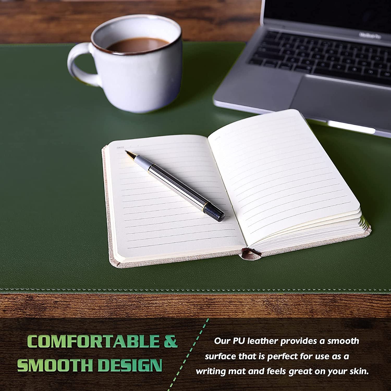 Dual-Sided Waterproof Desk Mat and Blotter, PVC Leather Pad Protector for Office Use (Dark Green, 31.5" x 15.7")