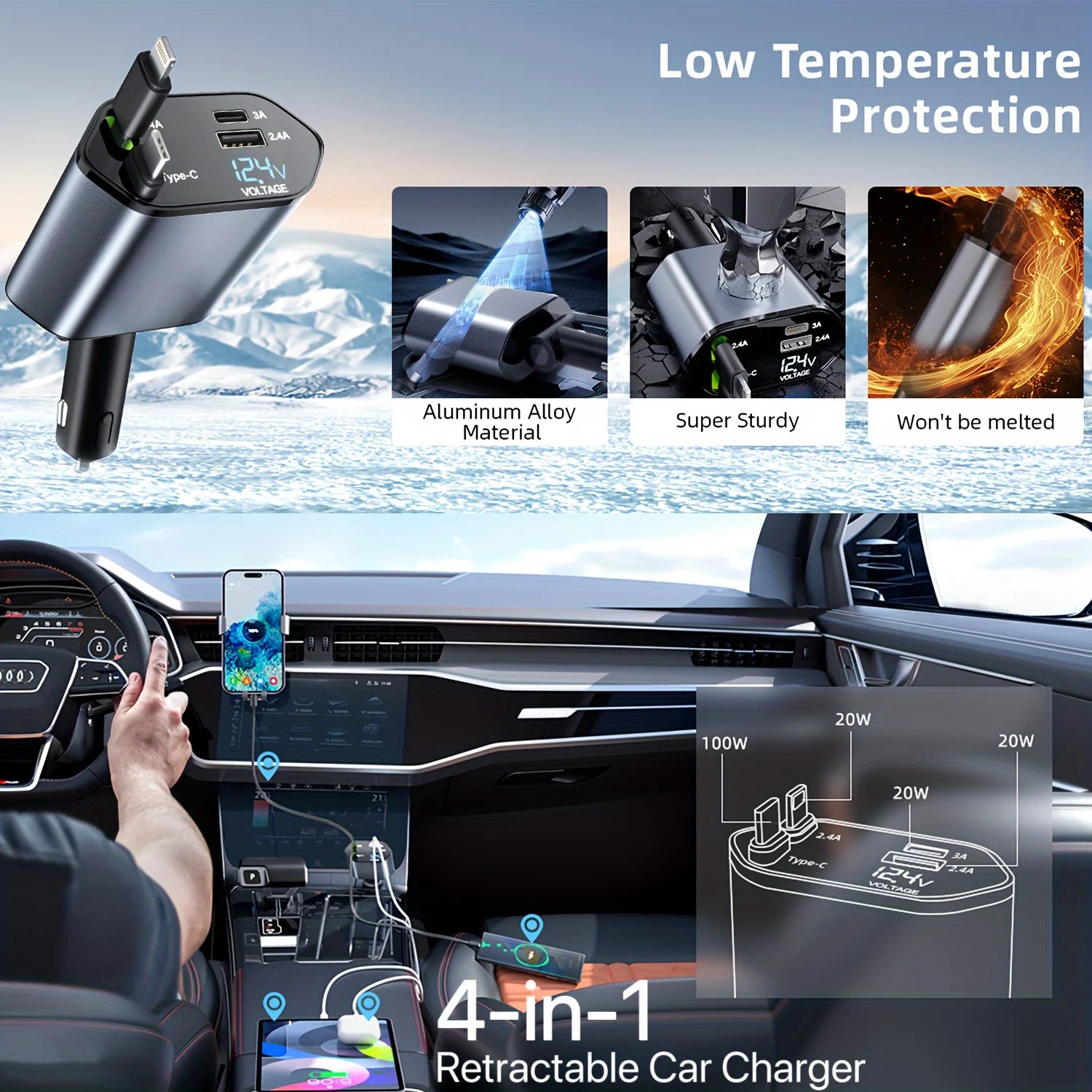 Retractable 4-in-1 Fast Car Charger with 16 Ports and 120W USB Type-C Cable Set