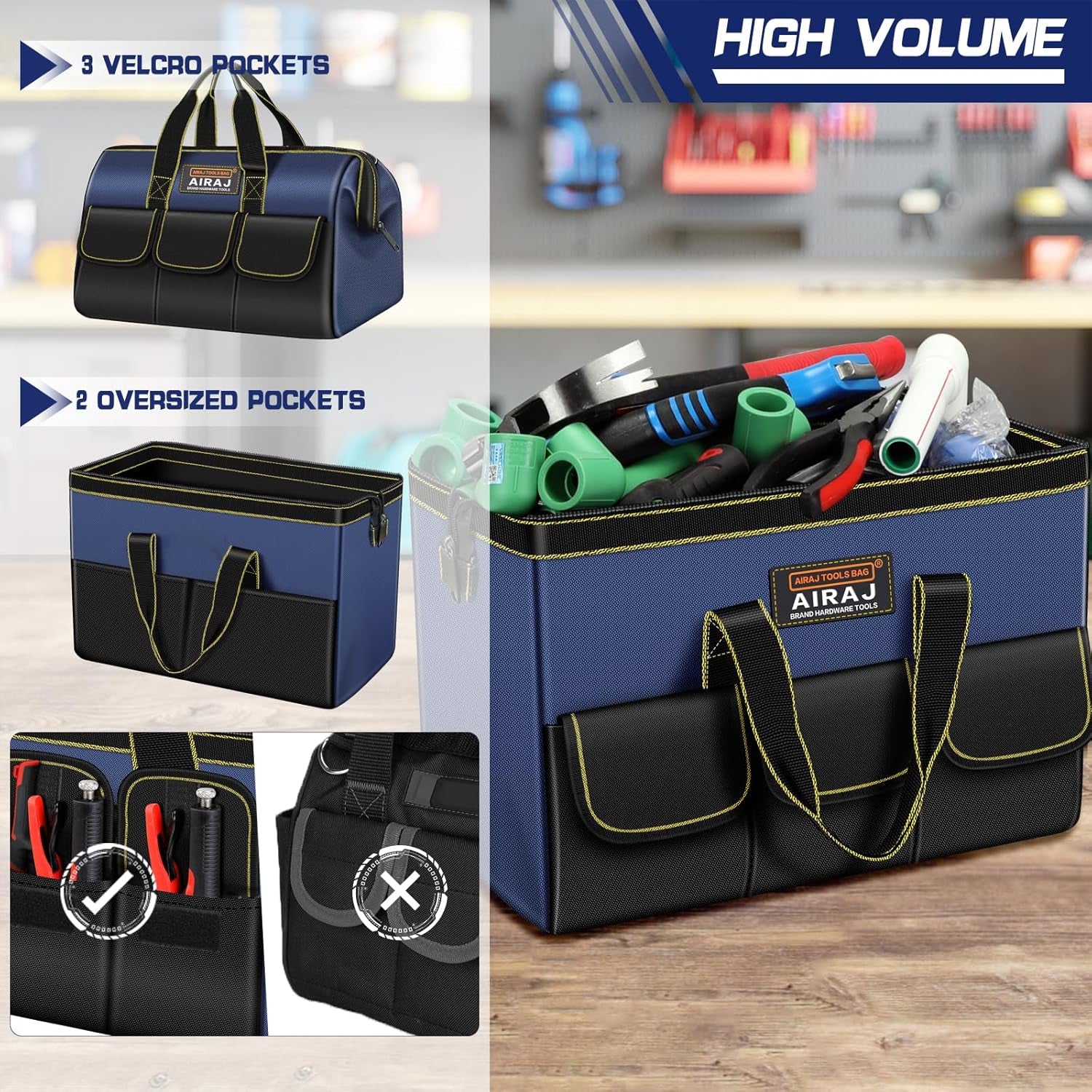 16 Inch Tool Bag,Wide Mouth Tool Bags for Men,Tools Organizer for Home Repairs,Garage Storage,Professional Work,Portable Small Toolbags
