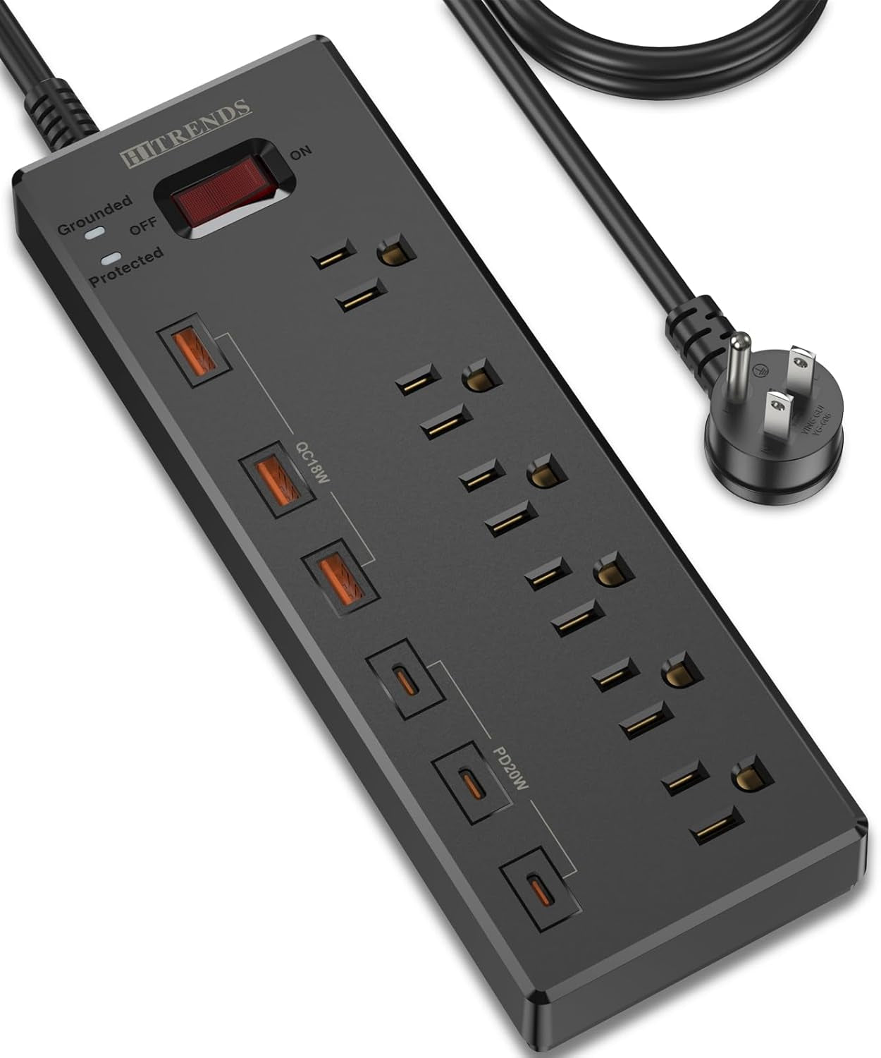 Surge Protector Power Strip with 6 AC Outlets and 6 USB Ports (3 USB-C & 3 USB-A), 20W PD Fast Charging, 6 Ft Flat Plug Extension Cord, 1625W/13A, Ideal for Home Office Use